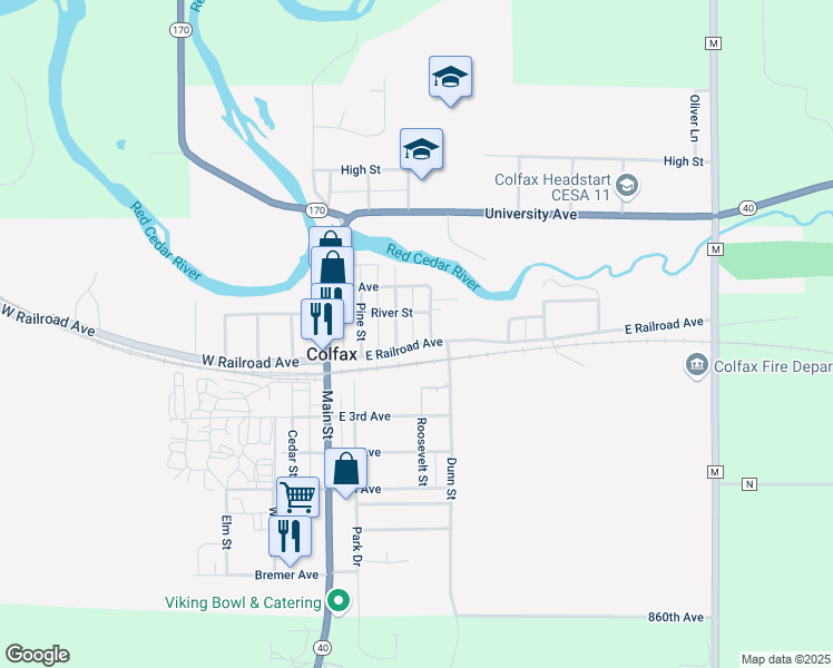 map of restaurants, bars, coffee shops, grocery stores, and more near 610 River Street in Colfax