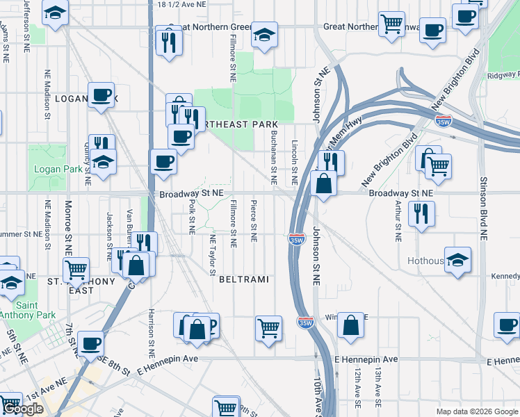map of restaurants, bars, coffee shops, grocery stores, and more near 754 Buchanan Street Northeast in Minneapolis