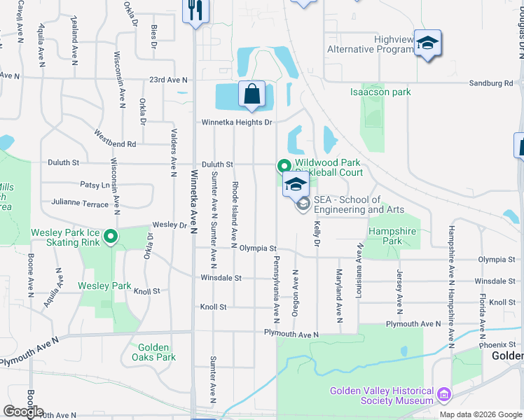 map of restaurants, bars, coffee shops, grocery stores, and more near 1710 Quebec Avenue North in Minneapolis