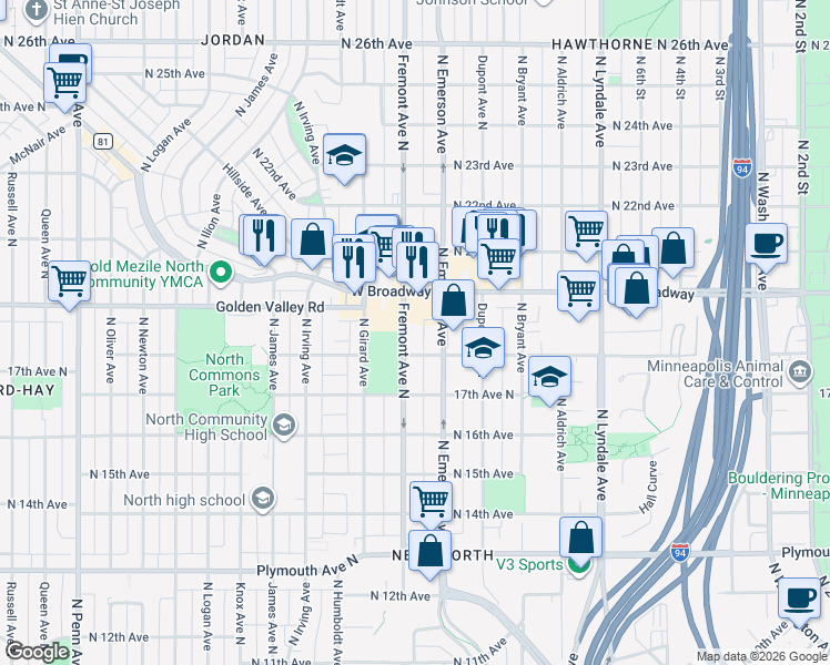 map of restaurants, bars, coffee shops, grocery stores, and more near 1830 North Fremont Avenue in Minneapolis