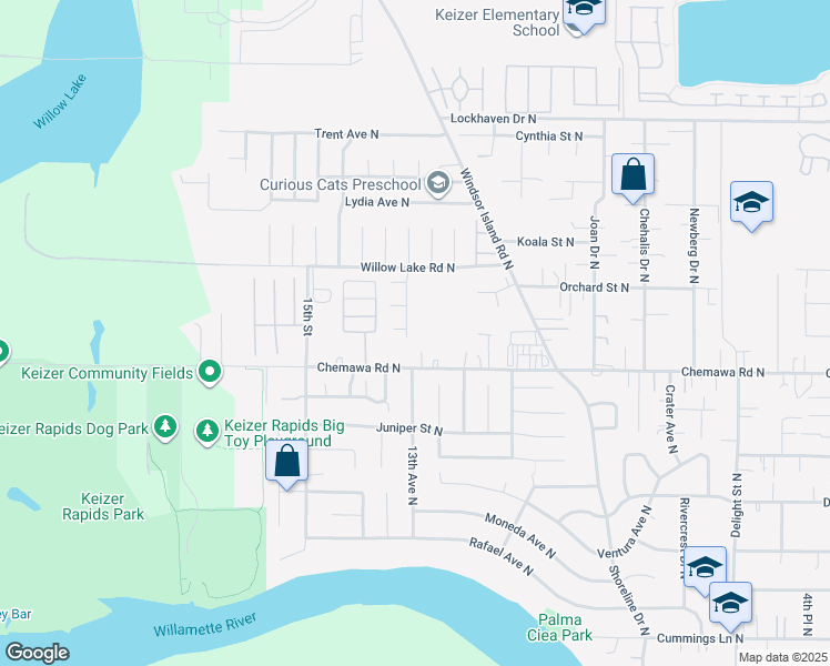 map of restaurants, bars, coffee shops, grocery stores, and more near 5118 Lacey Street North in Salem