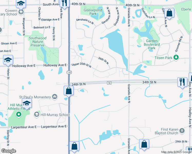 map of restaurants, bars, coffee shops, grocery stores, and more near 6219 Upper 35th Street North in Oakdale