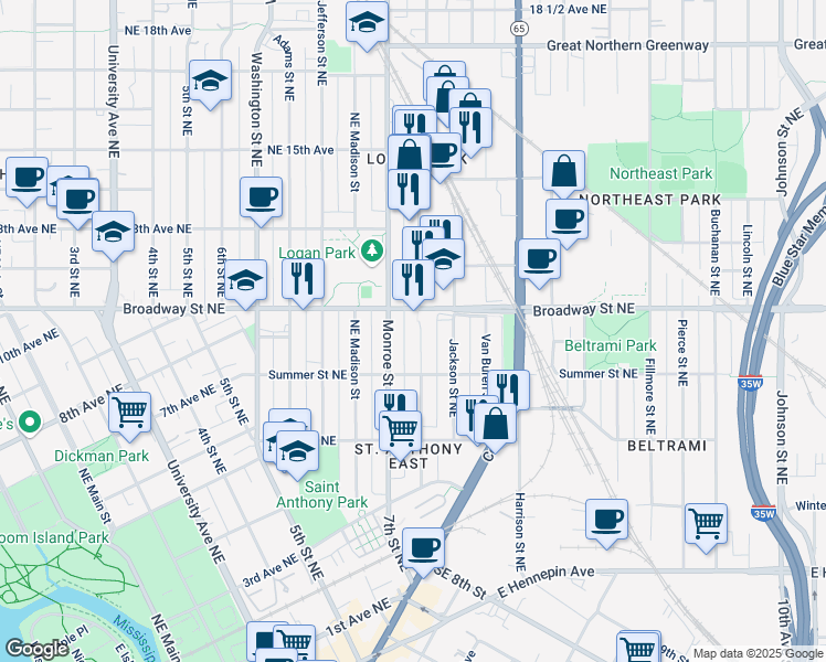 map of restaurants, bars, coffee shops, grocery stores, and more near 755 Monroe Street Northeast in Minneapolis