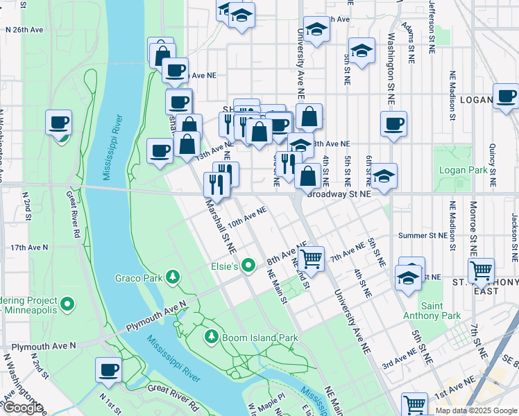 map of restaurants, bars, coffee shops, grocery stores, and more near in Minneapolis