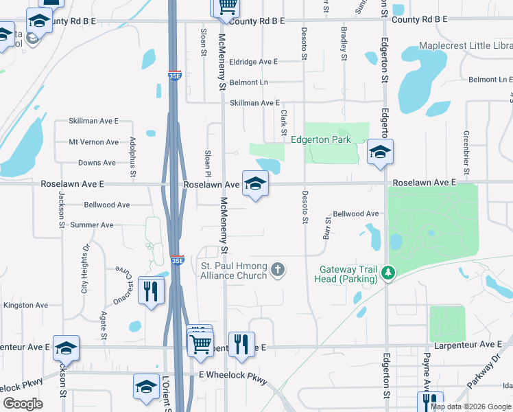 map of restaurants, bars, coffee shops, grocery stores, and more near 384 Roselawn Avenue East in Maplewood