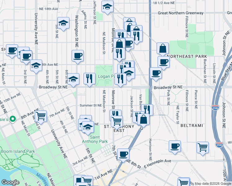 map of restaurants, bars, coffee shops, grocery stores, and more near 755 Monroe Street Northeast in Minneapolis