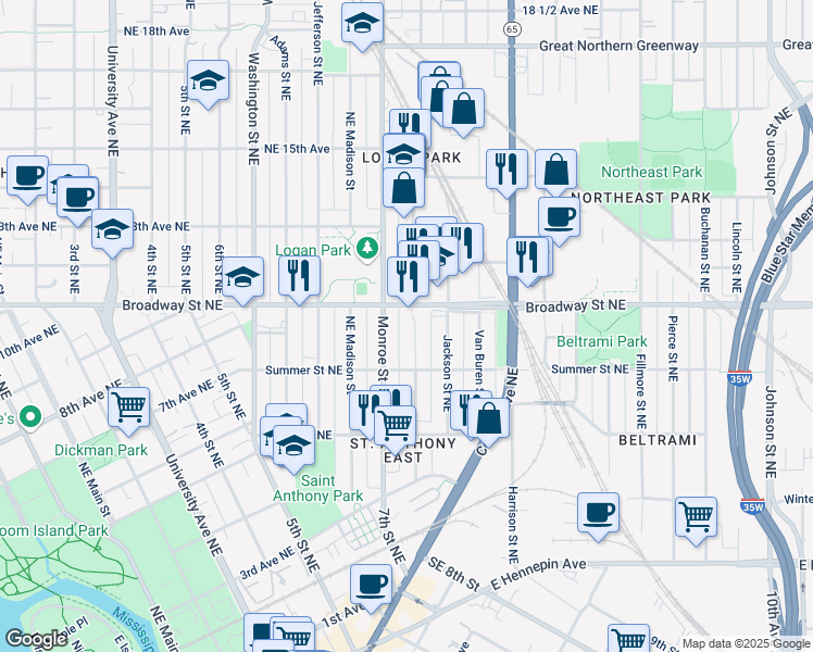 map of restaurants, bars, coffee shops, grocery stores, and more near 755 Monroe Street Northeast in Minneapolis