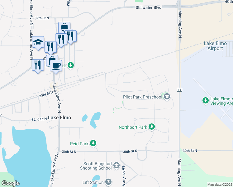 map of restaurants, bars, coffee shops, grocery stores, and more near 11494 34th Street North in Lake Elmo