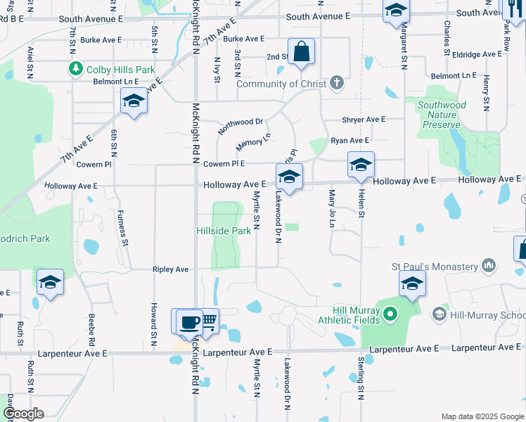 map of restaurants, bars, coffee shops, grocery stores, and more near 1895 Myrtle Street North in Saint Paul