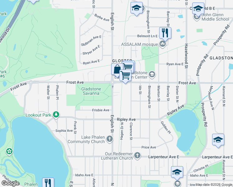 map of restaurants, bars, coffee shops, grocery stores, and more near 1880 English Street in Saint Paul