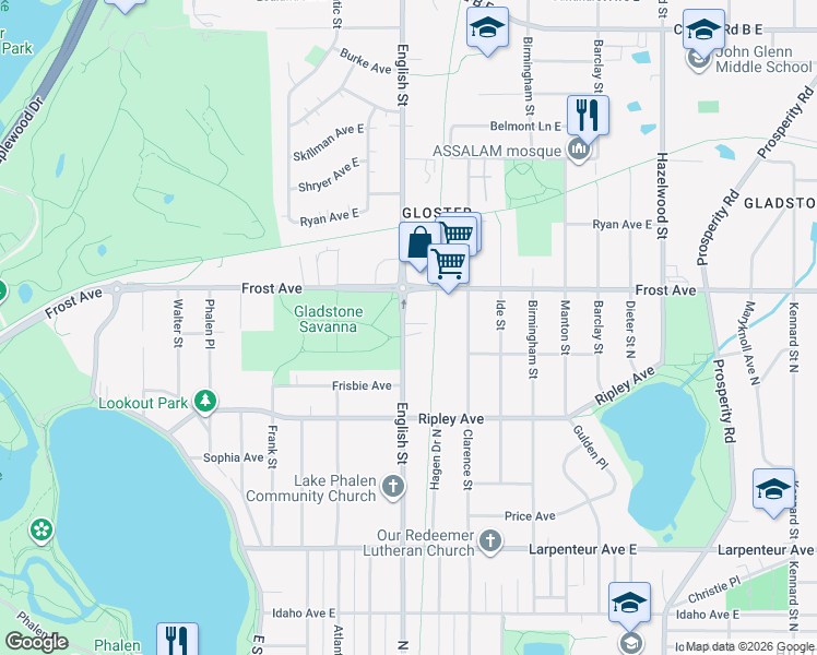 map of restaurants, bars, coffee shops, grocery stores, and more near 1880 English Street in Saint Paul