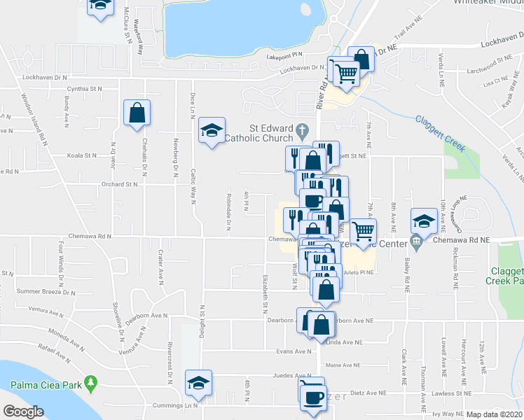 map of restaurants, bars, coffee shops, grocery stores, and more near 403 Chemawa Way North in Keizer