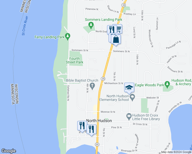 map of restaurants, bars, coffee shops, grocery stores, and more near 606 4th Street North in Hudson
