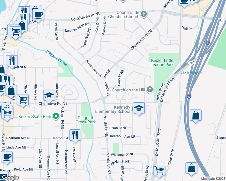 map of restaurants, bars, coffee shops, grocery stores, and more near 5117 Perry Street Northeast in Keizer