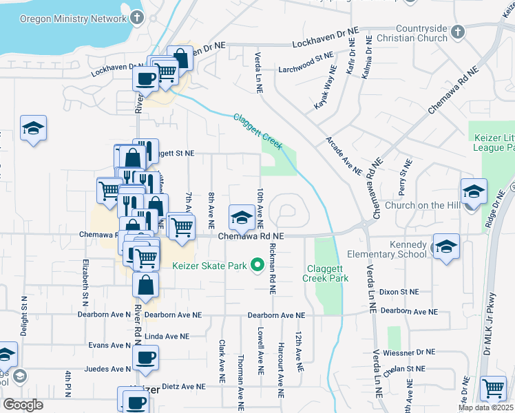 map of restaurants, bars, coffee shops, grocery stores, and more near 5099 10th Avenue Northeast in Keizer