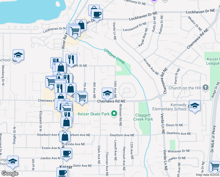 map of restaurants, bars, coffee shops, grocery stores, and more near 5099 10th Avenue Northeast in Keizer