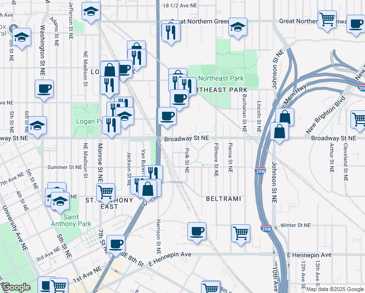 map of restaurants, bars, coffee shops, grocery stores, and more near 756 Polk Street Northeast in Minneapolis