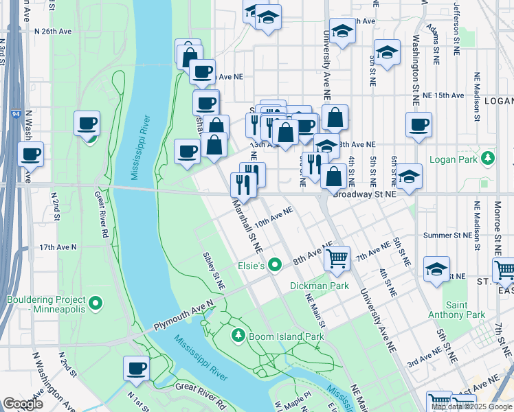 map of restaurants, bars, coffee shops, grocery stores, and more near 1027 Northeast Main Street in Minneapolis