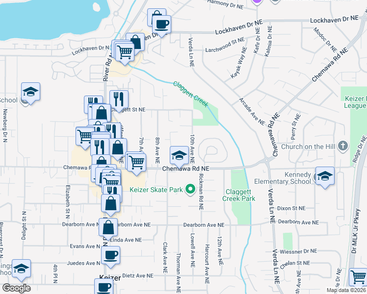 map of restaurants, bars, coffee shops, grocery stores, and more near 5099 10th Avenue Northeast in Keizer