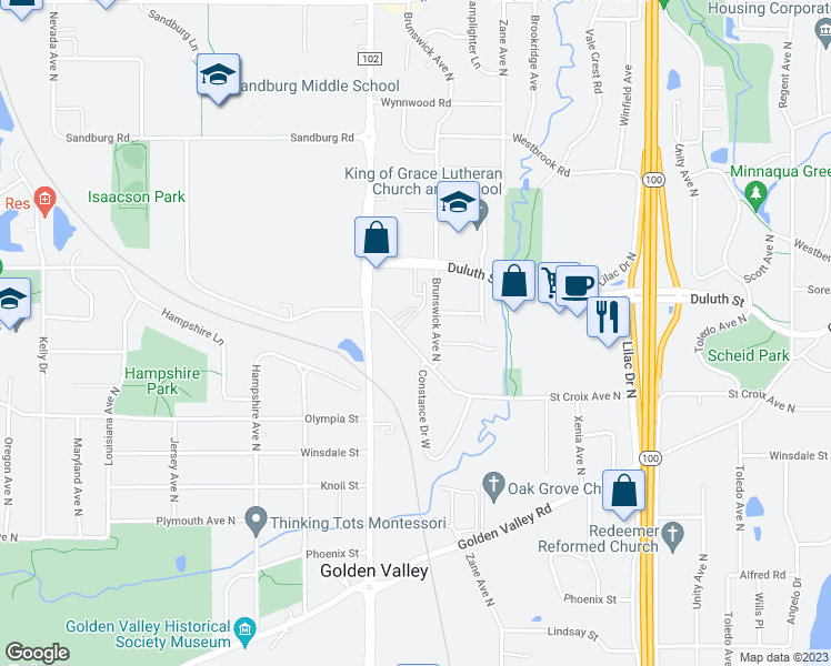 map of restaurants, bars, coffee shops, grocery stores, and more near 6140 Saint Croix Avenue North in Minneapolis
