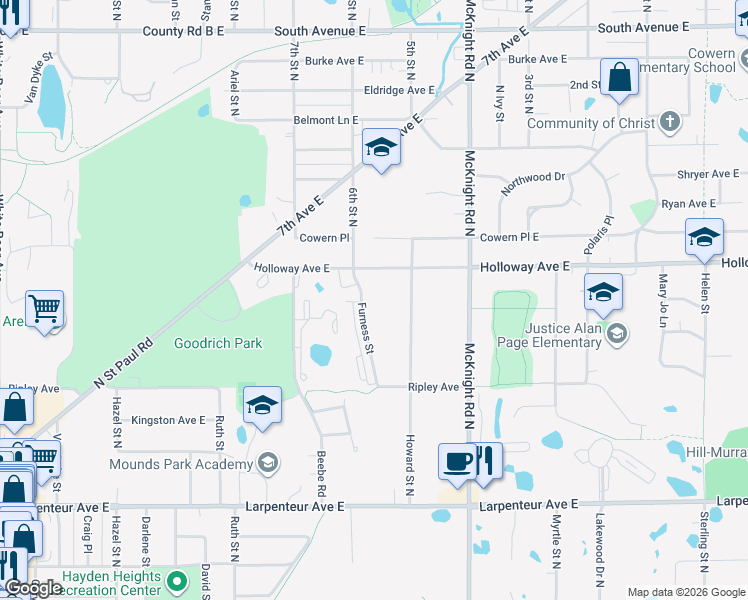map of restaurants, bars, coffee shops, grocery stores, and more near 1890 Furness Street in Saint Paul