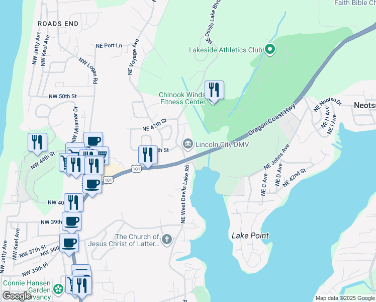map of restaurants, bars, coffee shops, grocery stores, and more near 4422 Northeast Devils Lake Boulevard in Lincoln City