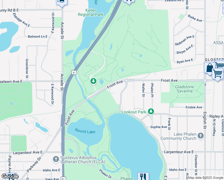 map of restaurants, bars, coffee shops, grocery stores, and more near 1870 East Shore Drive in Maplewood