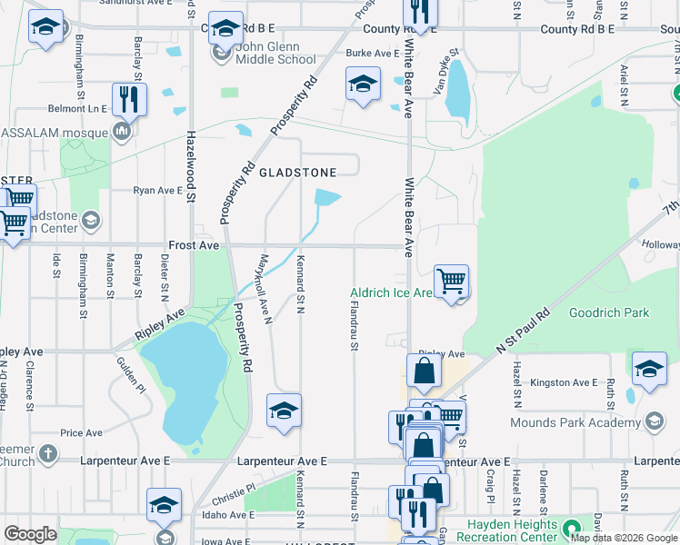 map of restaurants, bars, coffee shops, grocery stores, and more near 1903 Flandrau Street in Saint Paul