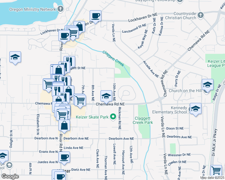 map of restaurants, bars, coffee shops, grocery stores, and more near 5099 10th Avenue Northeast in Keizer