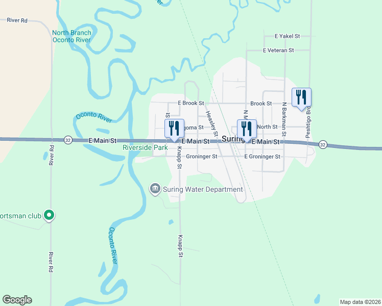 map of restaurants, bars, coffee shops, grocery stores, and more near 113 Burk Street in Suring
