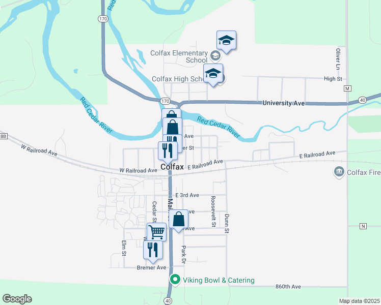 map of restaurants, bars, coffee shops, grocery stores, and more near 510 River Street in Colfax
