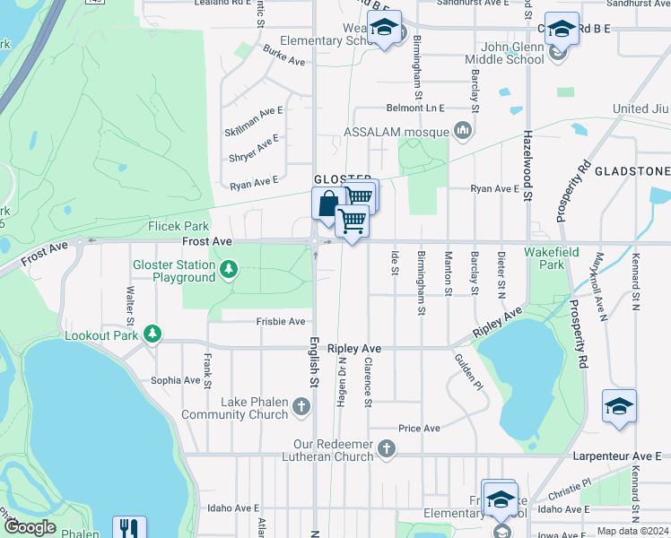 map of restaurants, bars, coffee shops, grocery stores, and more near 1310 Frost Avenue in Saint Paul