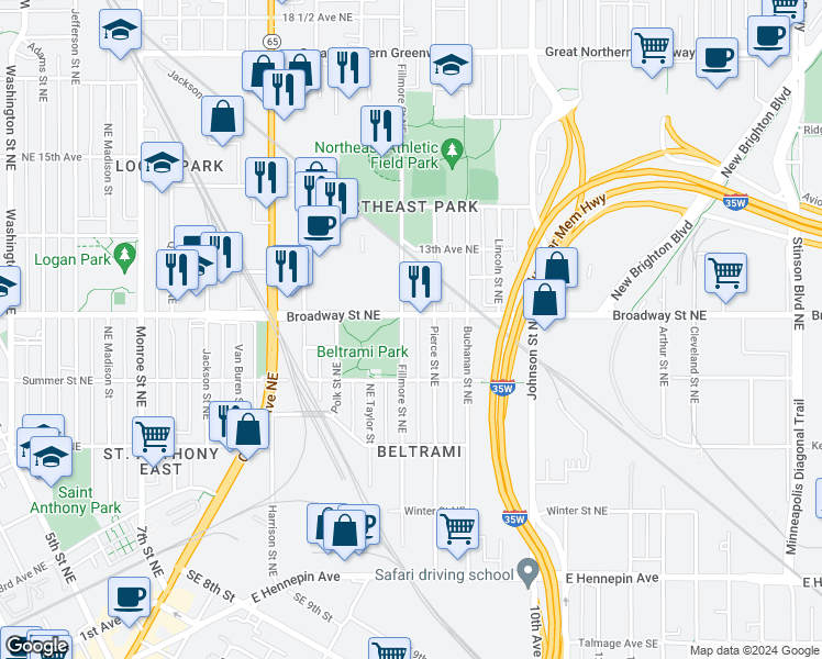 map of restaurants, bars, coffee shops, grocery stores, and more near 1212 Broadway Street Northeast in Minneapolis