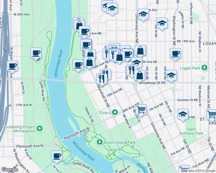 map of restaurants, bars, coffee shops, grocery stores, and more near 1027 Northeast Main Street in Minneapolis