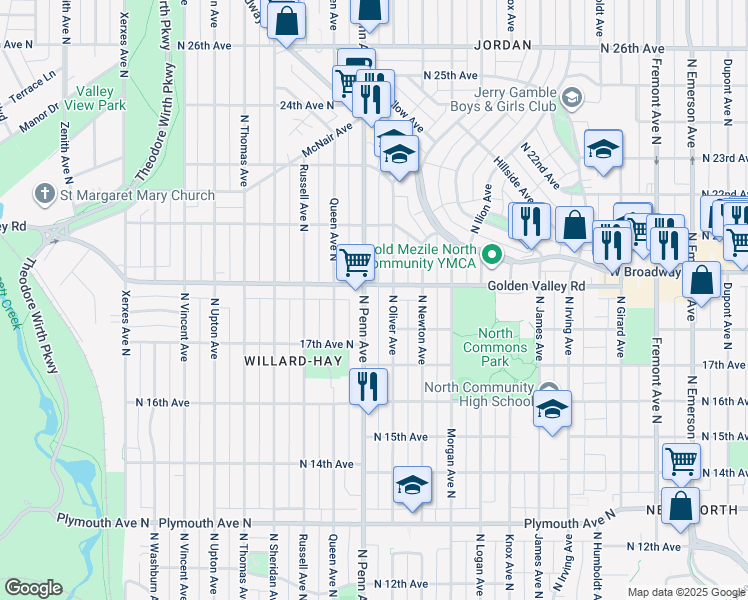 map of restaurants, bars, coffee shops, grocery stores, and more near 1839 North Oliver Avenue in Minneapolis