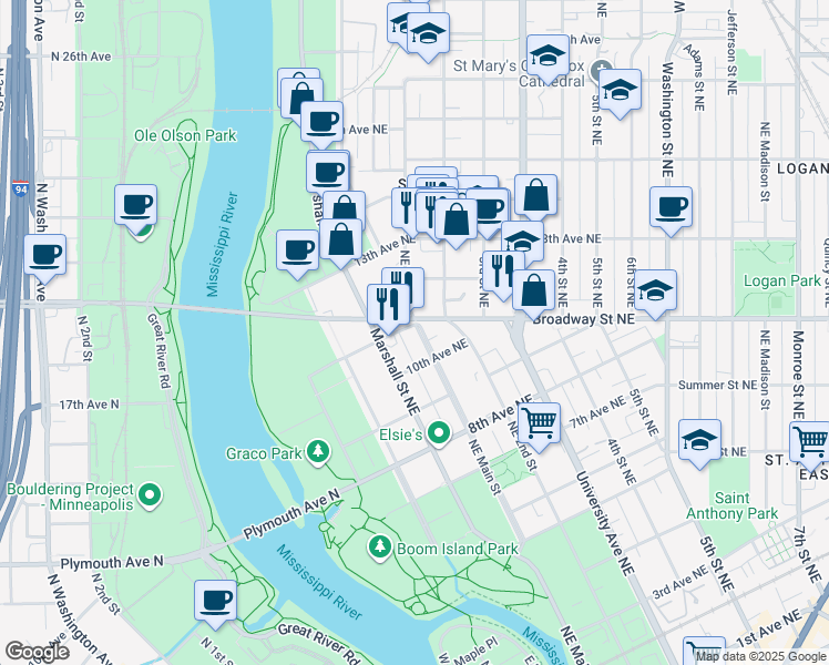 map of restaurants, bars, coffee shops, grocery stores, and more near 1027 Northeast Main Street in Minneapolis