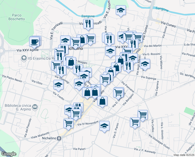 map of restaurants, bars, coffee shops, grocery stores, and more near 20 Via San Giuseppe in Nichelino