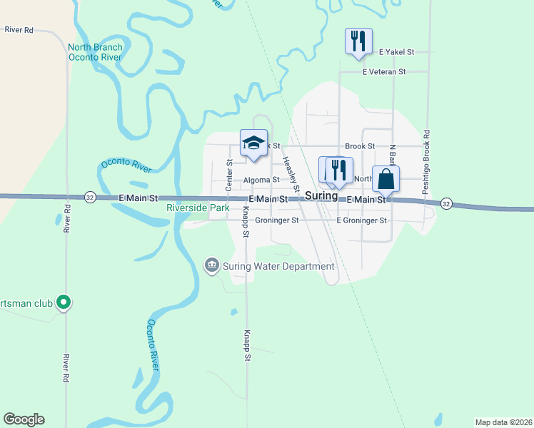 map of restaurants, bars, coffee shops, grocery stores, and more near 113 Burk Street in Suring