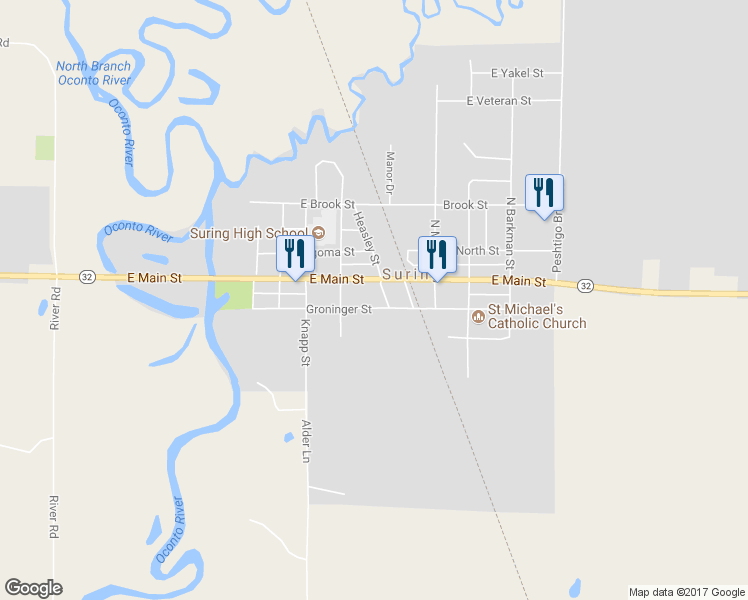 map of restaurants, bars, coffee shops, grocery stores, and more near 526 Groninger Street in Suring