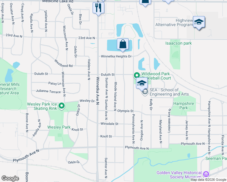 map of restaurants, bars, coffee shops, grocery stores, and more near 1701 Rhode Island Avenue North in Minneapolis