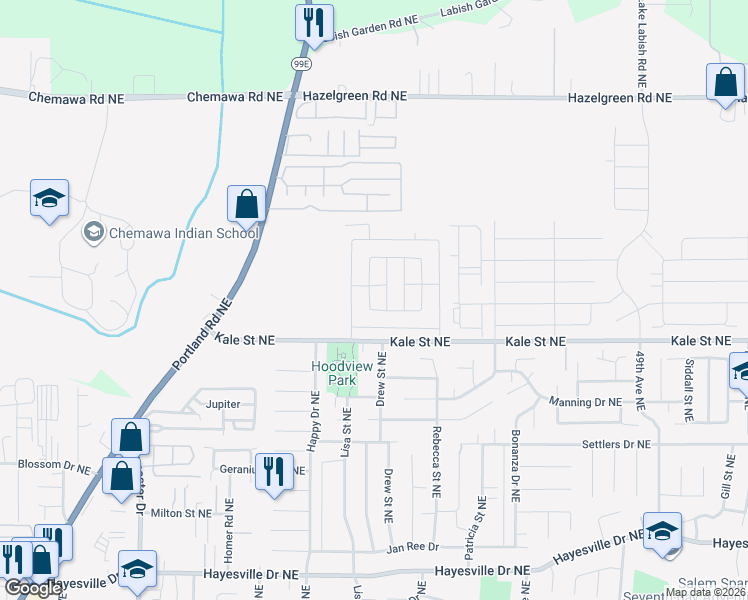map of restaurants, bars, coffee shops, grocery stores, and more near 5264 Silver Loop Northeast in Salem