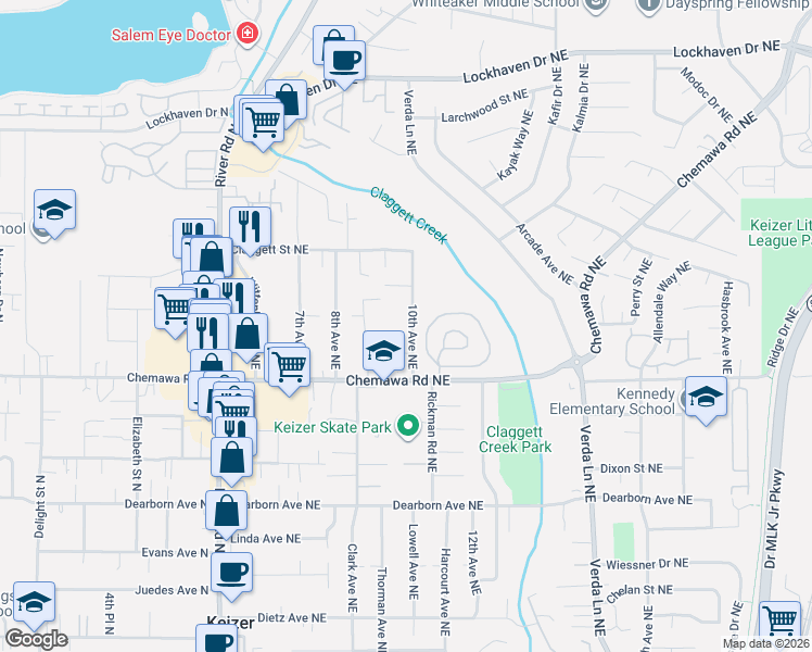 map of restaurants, bars, coffee shops, grocery stores, and more near 5097 10th Avenue Northeast in Keizer