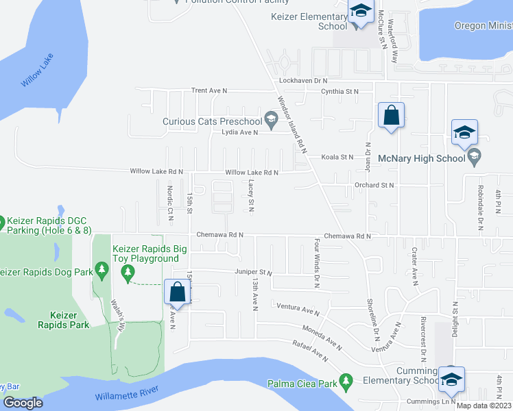 map of restaurants, bars, coffee shops, grocery stores, and more near 5118 Lacey Street North in Salem