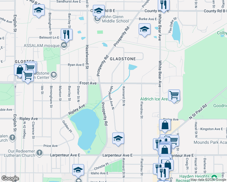 map of restaurants, bars, coffee shops, grocery stores, and more near 1894 Maryknoll Avenue North in Saint Paul