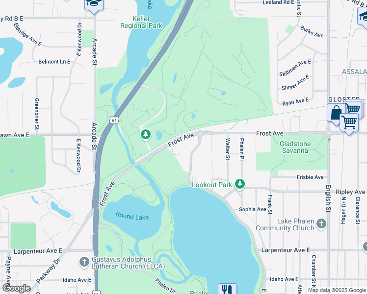 map of restaurants, bars, coffee shops, grocery stores, and more near 1870 East Shore Drive in Maplewood