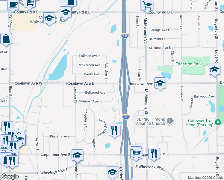 map of restaurants, bars, coffee shops, grocery stores, and more near 1905 Adolphus Street in Maplewood