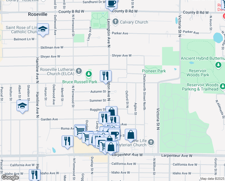 map of restaurants, bars, coffee shops, grocery stores, and more near 1890 Lexington Avenue North in Roseville