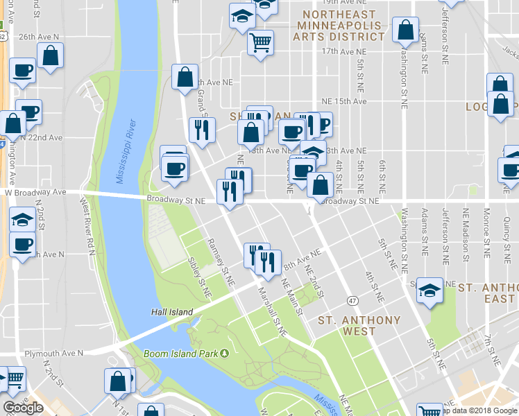 map of restaurants, bars, coffee shops, grocery stores, and more near 1025 Northeast Main Street in Minneapolis