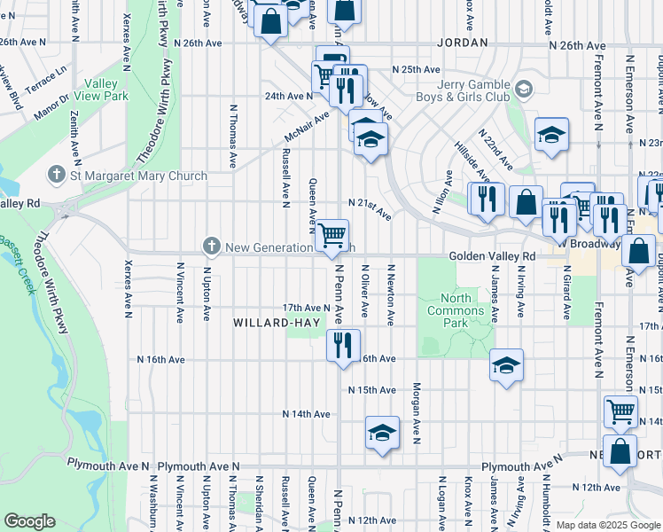 map of restaurants, bars, coffee shops, grocery stores, and more near 2217 Golden Valley Road in Minneapolis