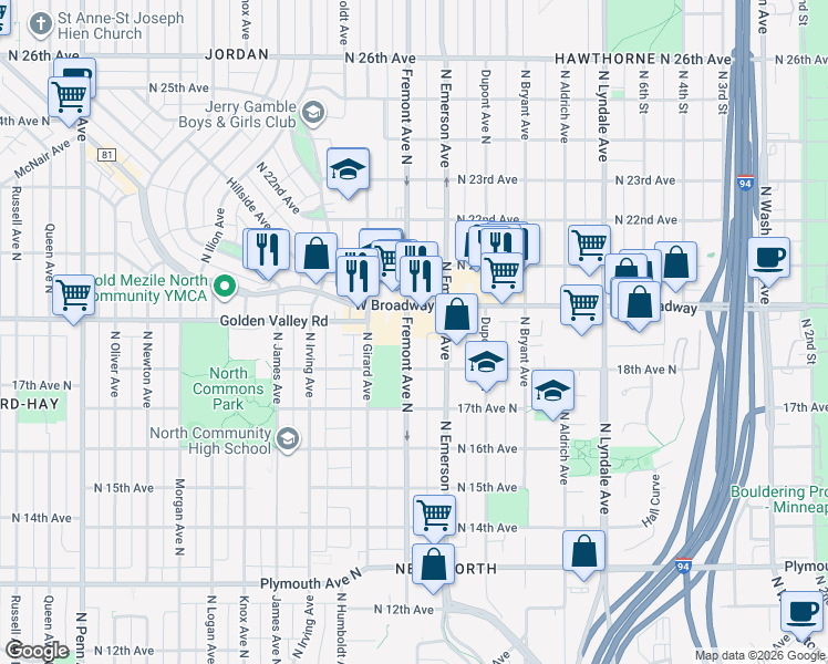 map of restaurants, bars, coffee shops, grocery stores, and more near 1830 North Fremont Avenue in Minneapolis